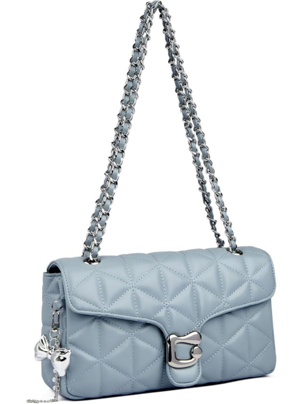 Women's Blue Quilted Crossbody Bag Vegan Leather Chain Shoulder Purse